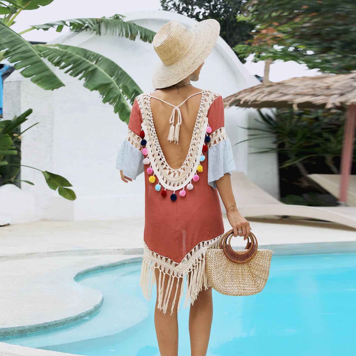 Hollow Crochet Beach Dress Hollow Crochet Beach Cover-up Handmade Patchwork Bamboo Cotton Fringe Beach Cover-up