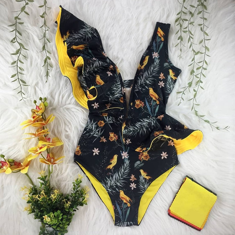 New Print Swimwear Deep V-neck Ruffle Swimsuit Push Up One Piece Swimsuit Beach Wear Backless Monokini