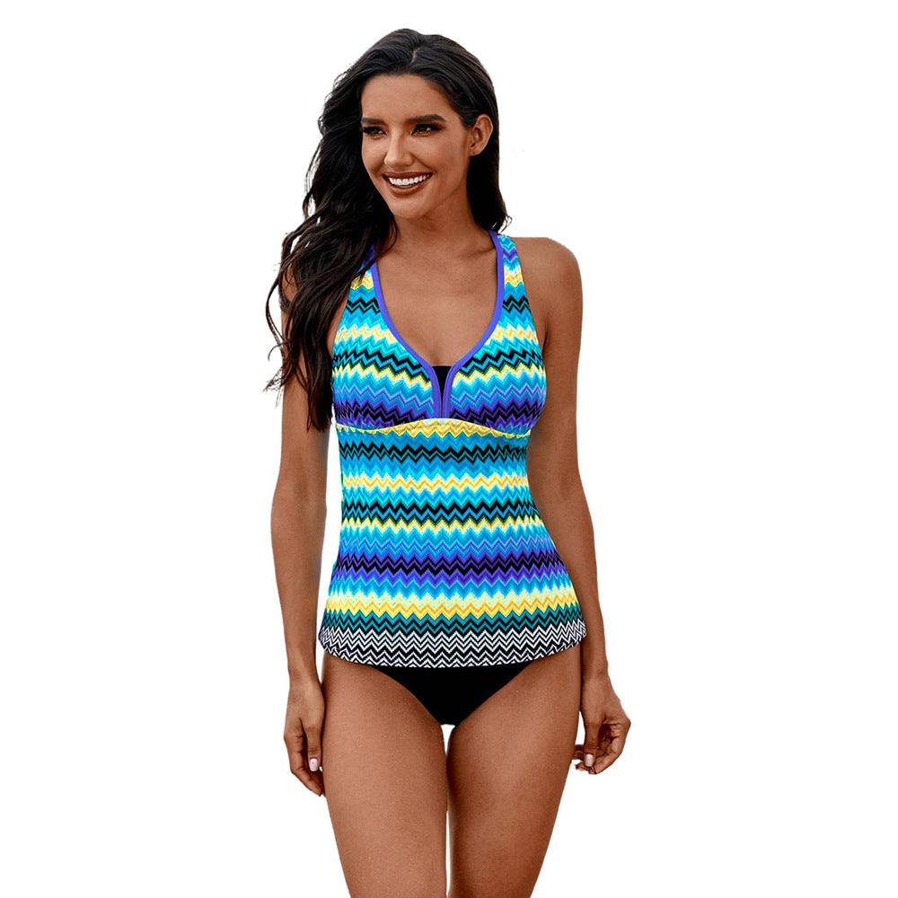 Striped Tankini Conservative Swimsuit Women's Striped Contrast Color Deep V-Neck Split Swimsuit