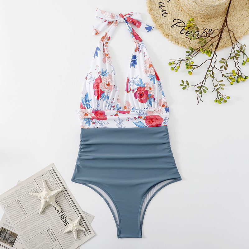 New Swimsuit Women's One Piece Backless Sexy Color Matching Belly Cover Bikini