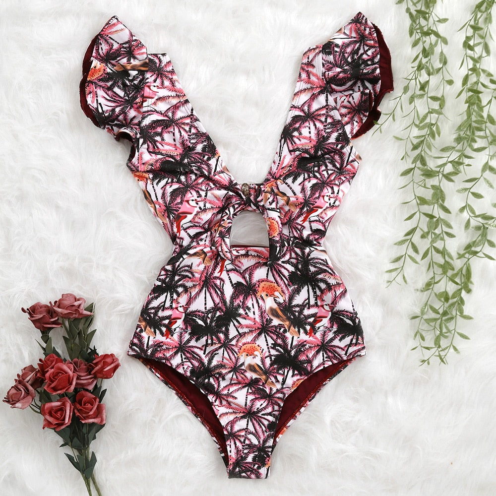 New Print Swimwear Deep V-neck Ruffle Swimsuit Push Up One Piece Swimsuit Beach Wear Backless Monokini