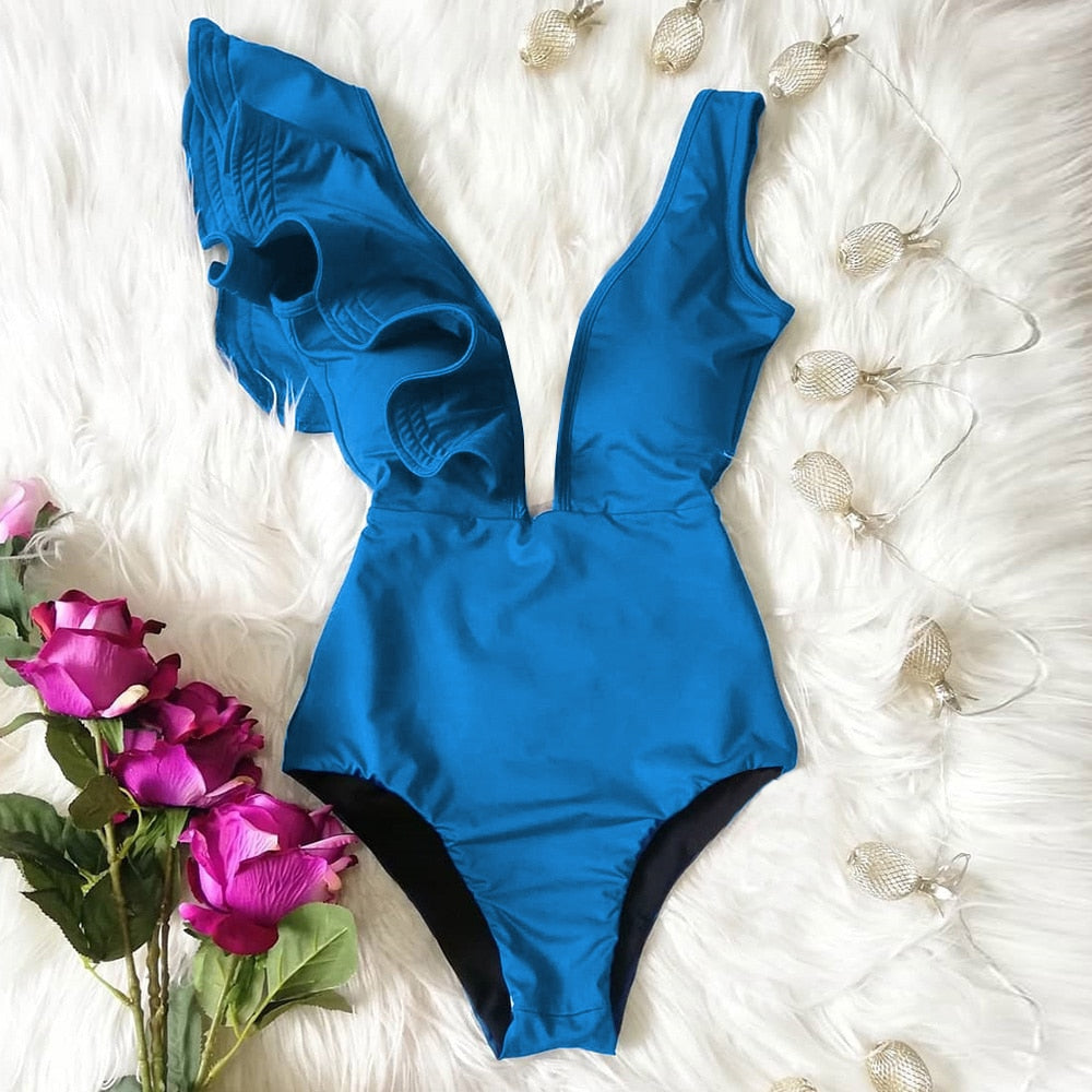 New Print Swimwear Deep V-neck Ruffle Swimsuit Push Up One Piece Swimsuit Beach Wear Backless Monokini