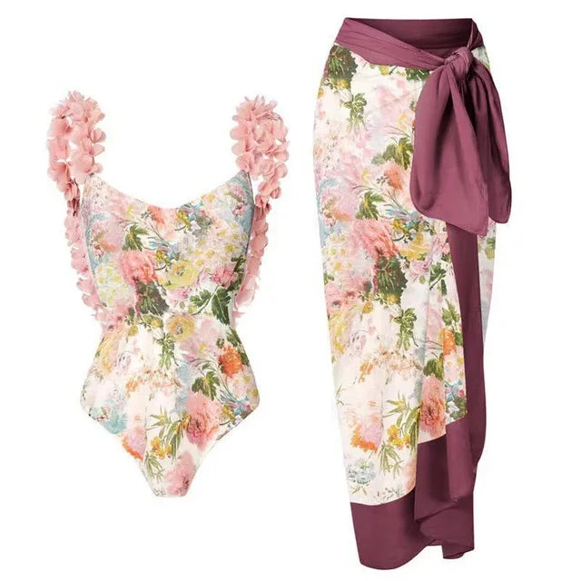Print Bubble Band One-piece Swimsuit Conservative One-Piece Suits Women Beach Slim Bikini and Skirt Vintage Swimsuit