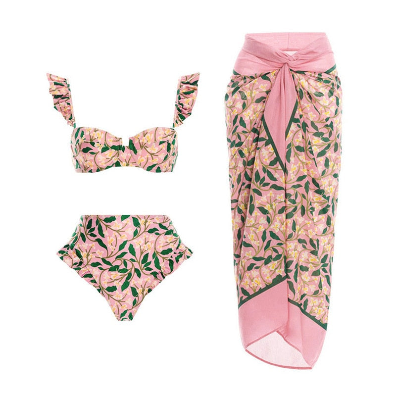 Sexy Bikinis Set Swimsuit Skirt Summer Women Push Up Print Swimwear Beach Dress Cover Up Monokini Bathing Suit