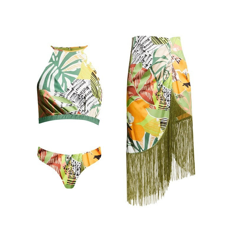 Vintage printed swimsuit conservative One-piece swimsuit women's printed beach skirt suit
