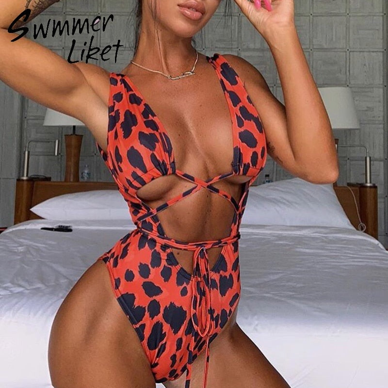 Red leopard swimsuit one piece Bandage sexy bikini 2019 Push up swimwear women string monokini High cut bathing suit bodysuit