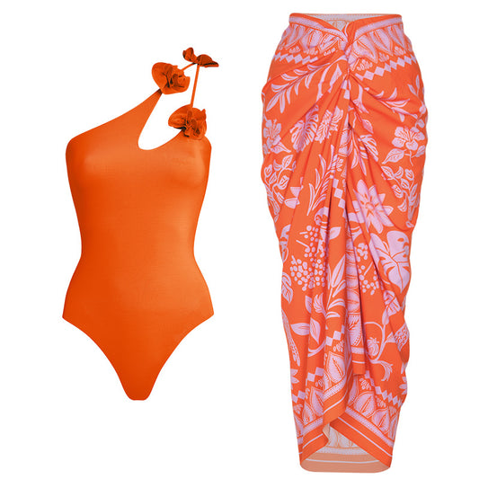 Women‘s  Swimsuit and Skirt Sexy Red 3D Flower One Piece  bikini set  two pieces Swimwear Beachwear Bathing Suit Monokini