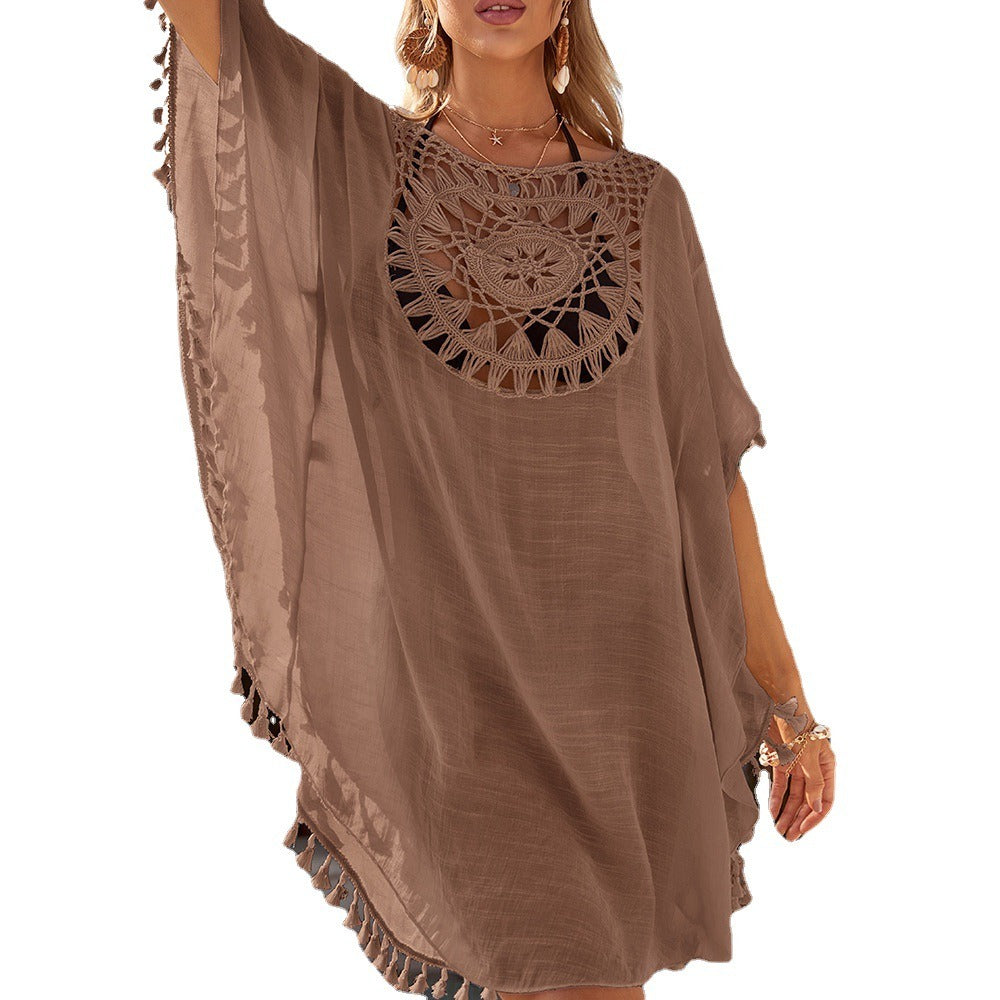 New Sexy Off Shoulder Hollowed Out Loose Fitting Oversized Tassel Bikini Inse Style With Beach Cover Up