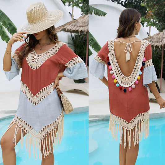 Hollow Crochet Beach Dress Hollow Crochet Beach Cover-up Handmade Patchwork Bamboo Cotton Fringe Beach Cover-up