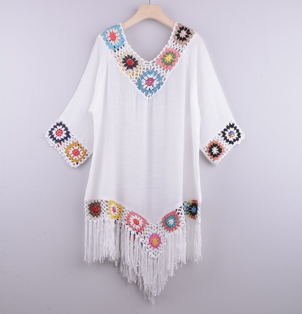 New Off Shoulder 3/4 Sleeve Hooked Flower Splice Irregular Tassel Beach Sunscreen Cover Up Ethnic Style Dress