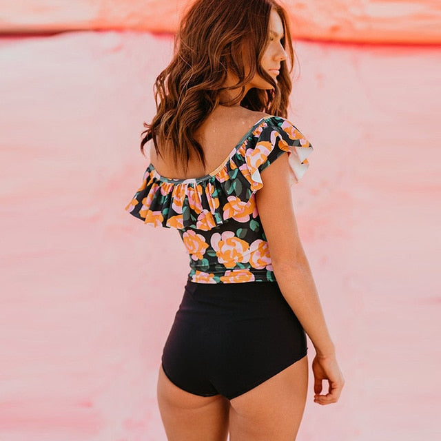 Sexy Tow Pieces Bodysuits Print Swimwear Women Swimsuit Shoulder Ruffle Bathing Suit Beach Wear Plus Size Tankini