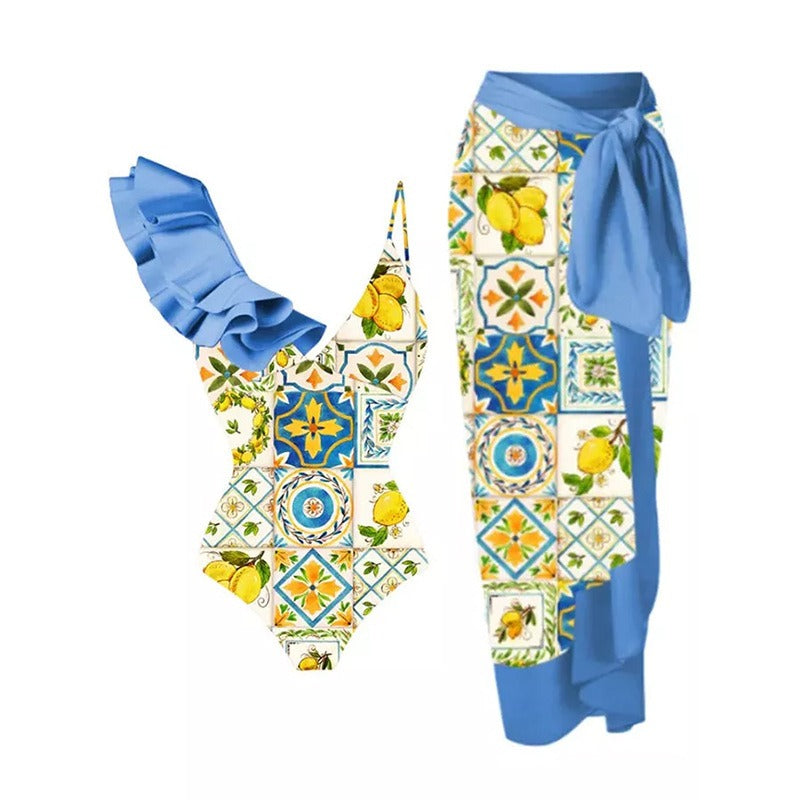 Vintage printed swimsuit conservative One-piece swimsuit women's printed beach skirt suit