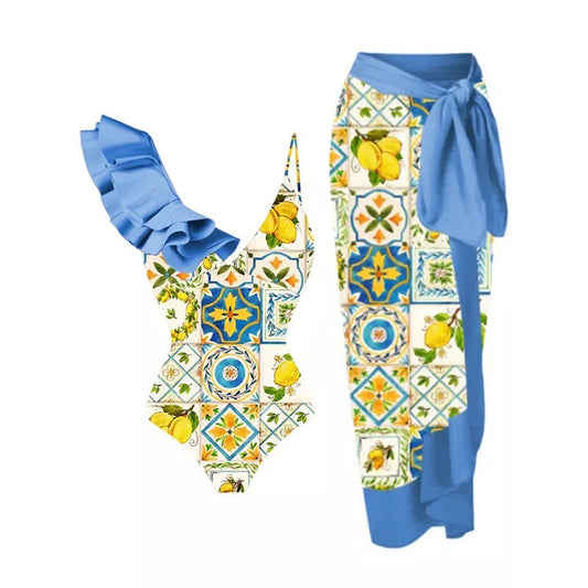 Vintage printed swimsuit conservative One-piece swimsuit women's printed beach skirt suit