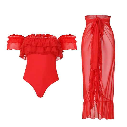 One-piece Swimsuit Women's Tube Top Ruffled Swimwear Summer Beach Wear Cover Up High Waist Bikini