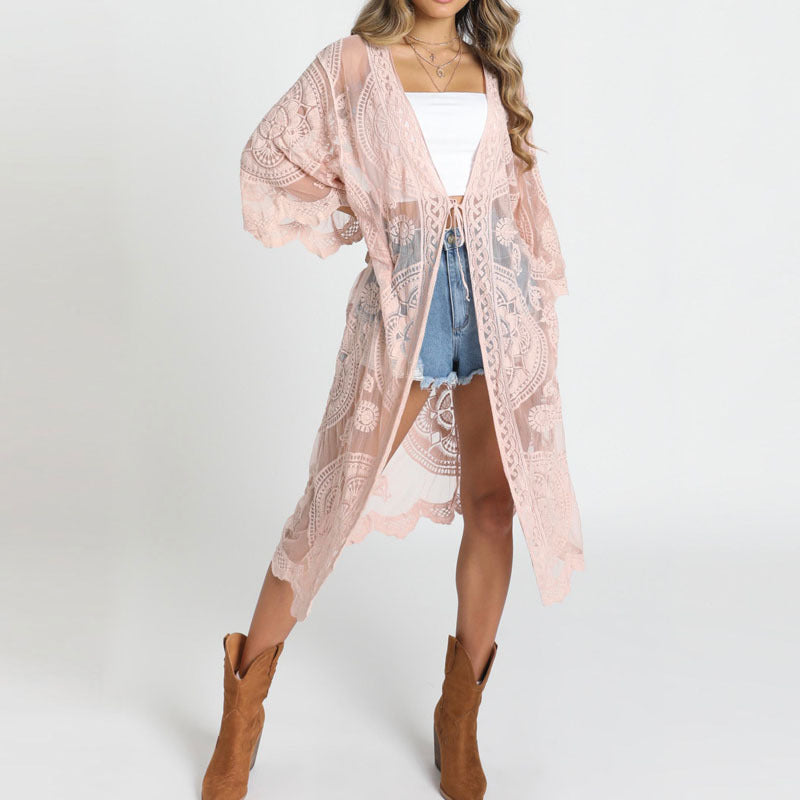 Loose Floral Lace Bikini Crochet Beach Cover-up Long Sun Protection Cardigan