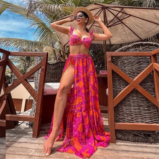 Vintage Print Split Bikini Swimwear Women Set Strapless Puff Sleeve Swimsuit Cover-ups Brazil Beach Resort Swimsuit ChiffonSkirt