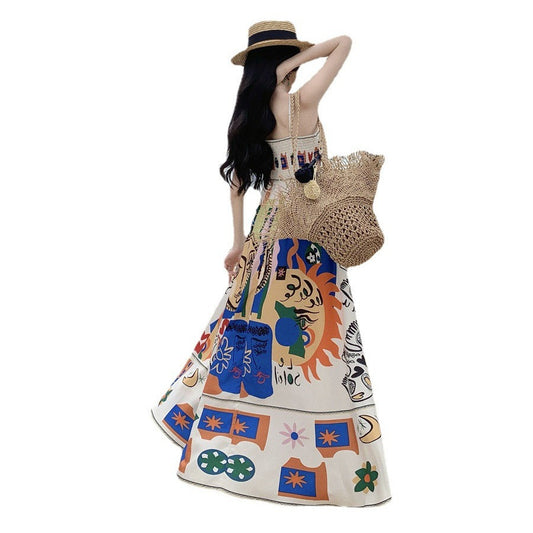 Colorful printed one shoulder sleeveless beach long dress beach strapless suspender dress for women