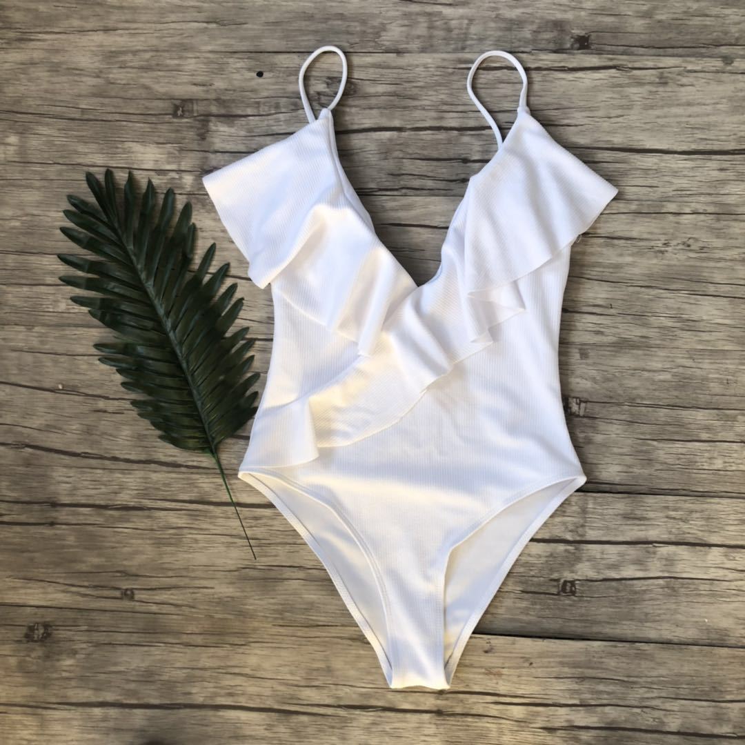 Sexy Solid Yellow One Piece Swimsuits For Female Women Print Floral Swimwear Bandage Backless Ruffle Brazilian Monokini