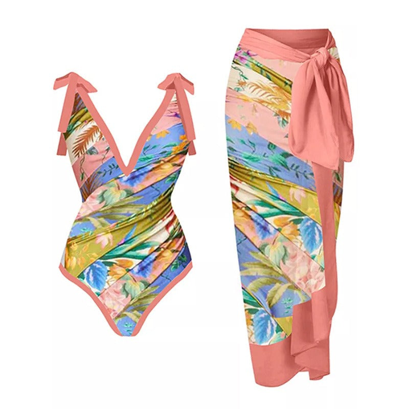Vintage printed swimsuit conservative One-piece swimsuit women's printed beach skirt suit