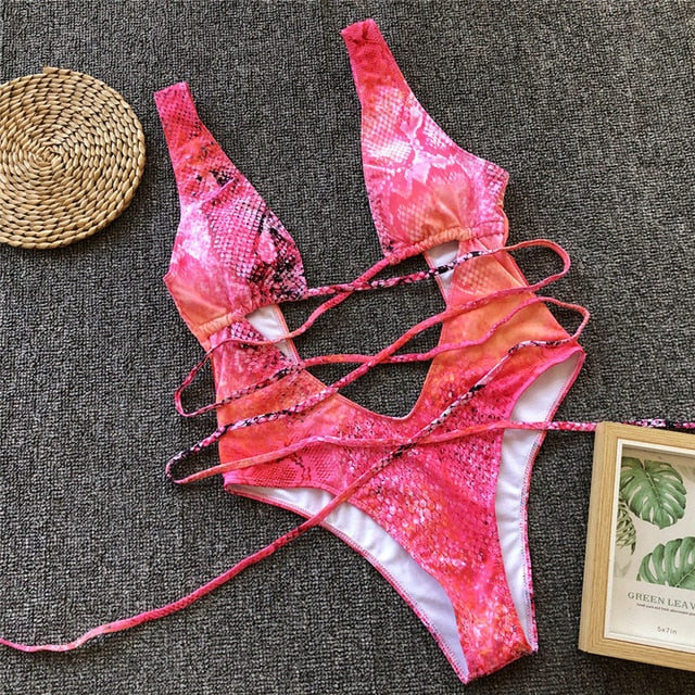Red leopard swimsuit one piece Bandage sexy bikini 2019 Push up swimwear women string monokini High cut bathing suit bodysuit