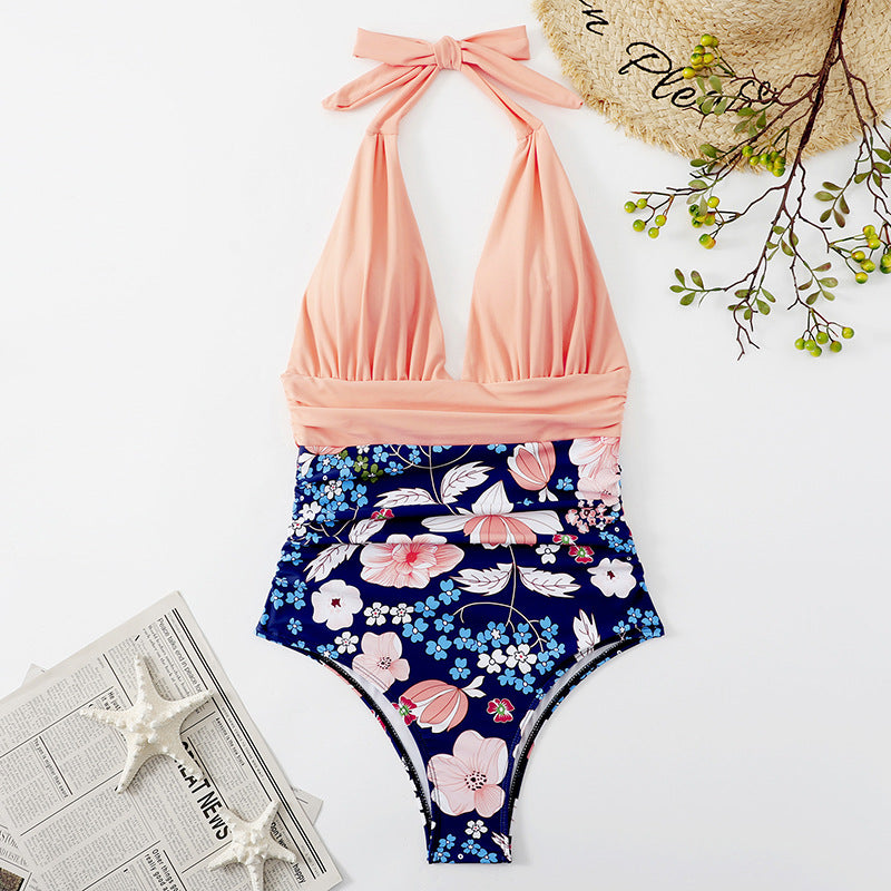 New Swimsuit Women's One Piece Backless Sexy Color Matching Belly Cover Bikini
