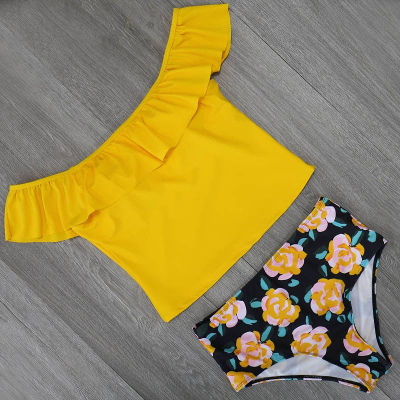 Sexy Tow Pieces Bodysuits Print Swimwear Women Swimsuit Shoulder Ruffle Bathing Suit Beach Wear Plus Size Tankini