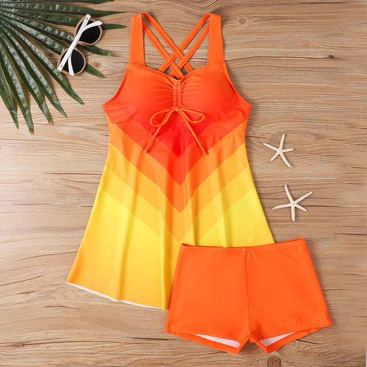 European and American printed split swimsuit women's skirt conservative hot spring bikini