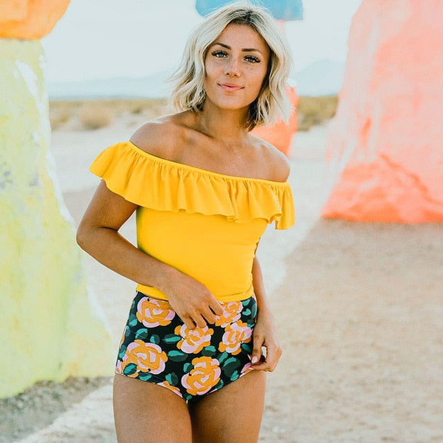 Sexy Tow Pieces Bodysuits Print Swimwear Women Swimsuit Shoulder Ruffle Bathing Suit Beach Wear Plus Size Tankini