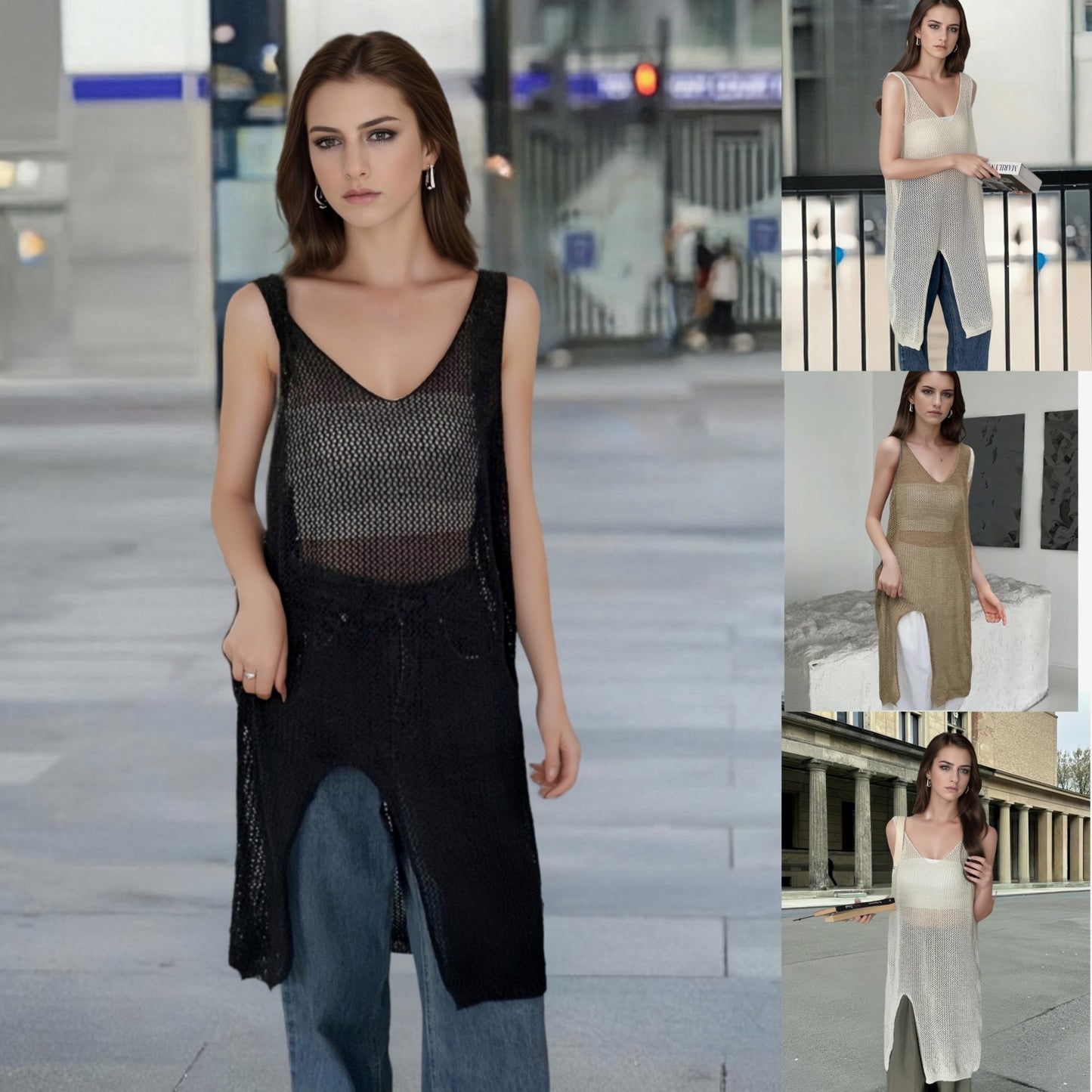 Summer Style New Sun Protection Vest with V-Neck, Hollow-Out Split Design, Oversized Cover-Up for Women, Beach Dress, Plus Size