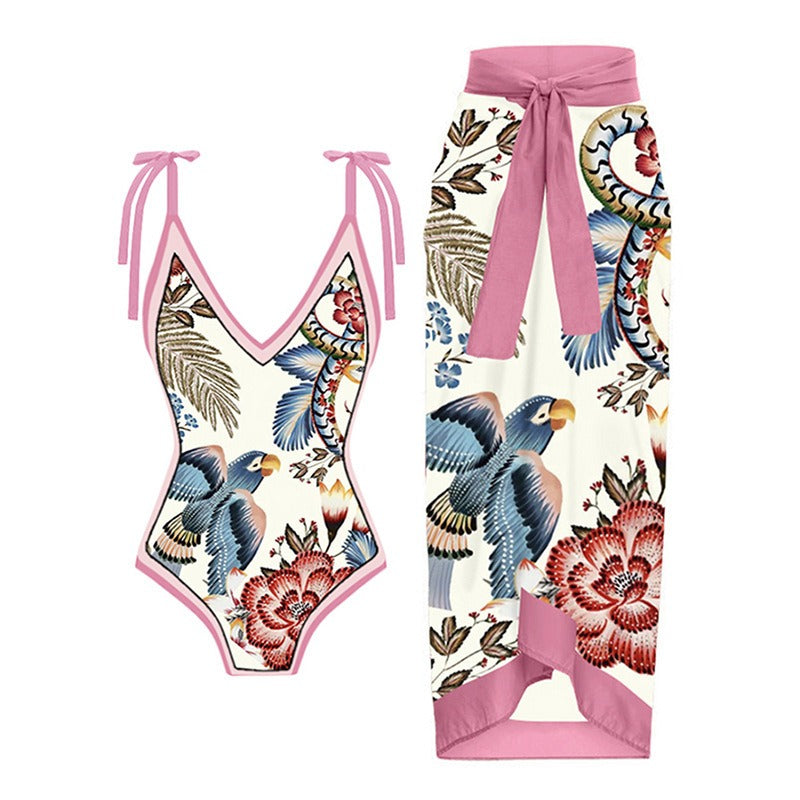 Vintage printed swimsuit conservative One-piece swimsuit women's printed beach skirt suit