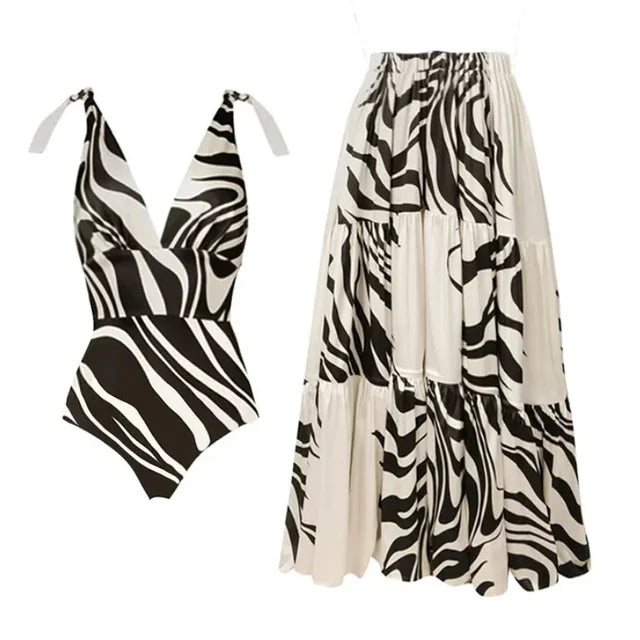 Women's Swimwear V Neck Printed One Piece Swimsuit and Skirt bikinis Sets  Summer Outfits For Women Bathing Suit