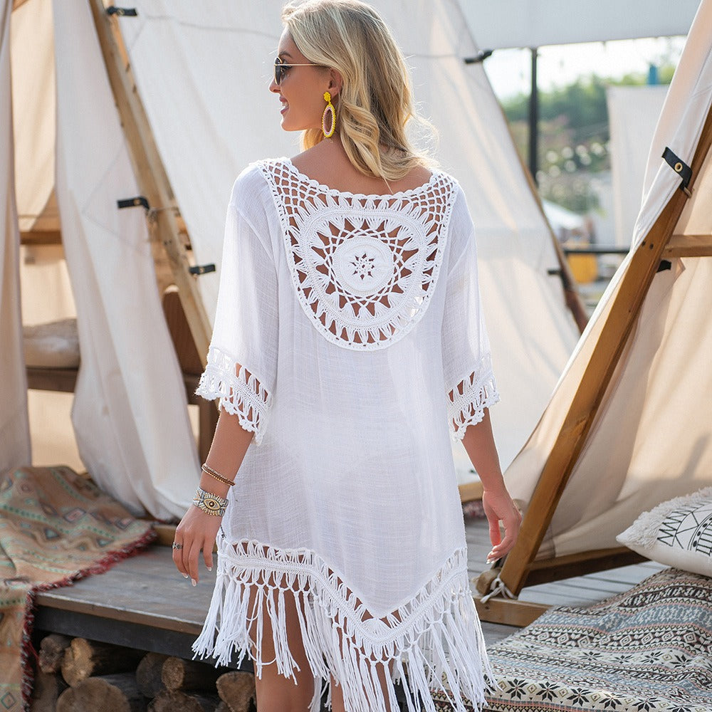 Hand Hook Large Circular Patchwork Loose Tassel Resort Style Beach Cover