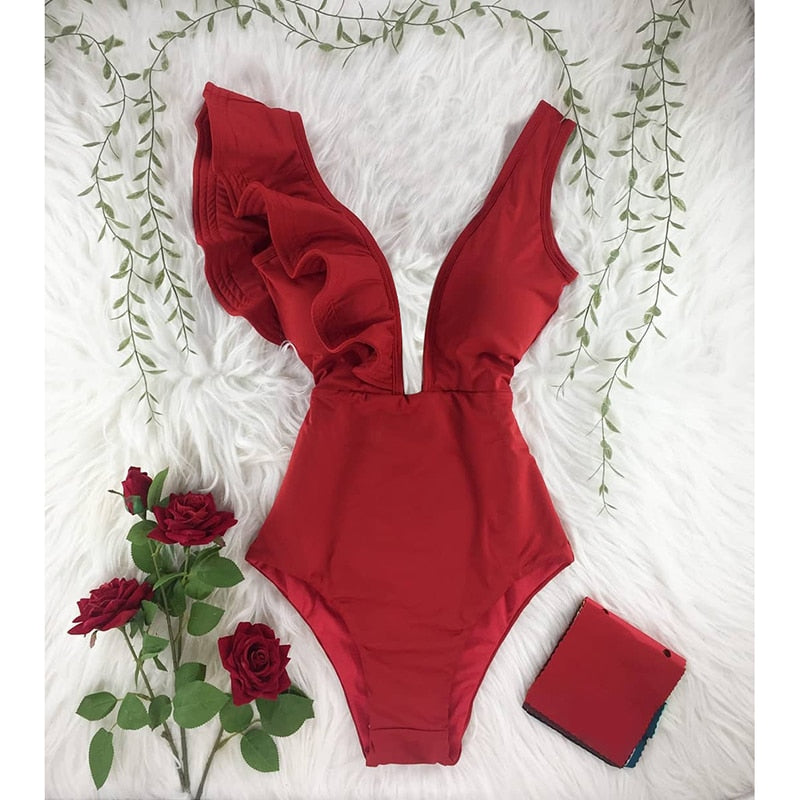 New Print Swimwear Deep V-neck Ruffle Swimsuit Push Up One Piece Swimsuit Beach Wear Backless Monokini