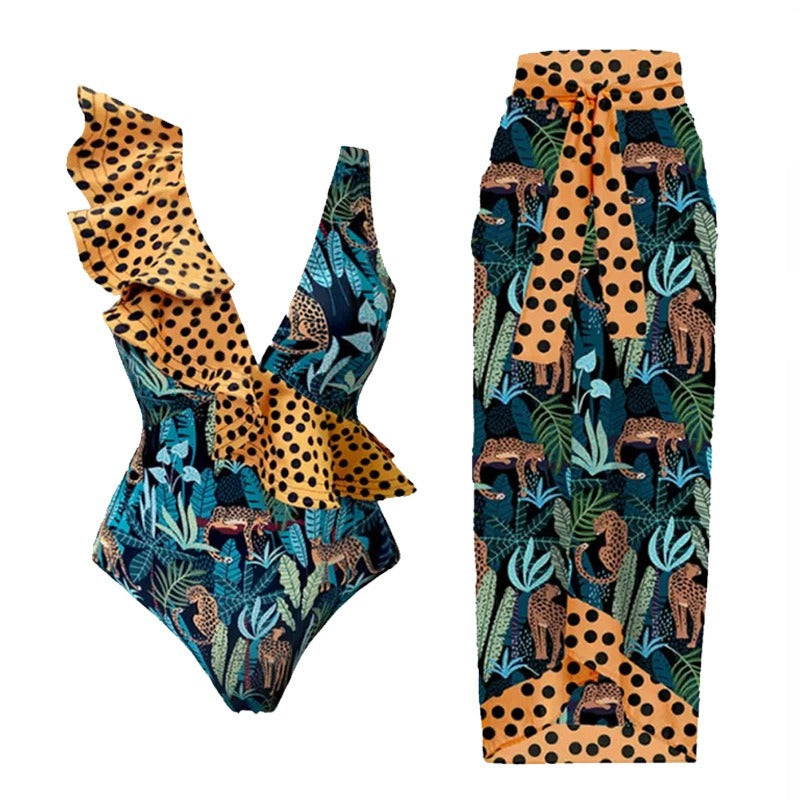 Vintage printed swimsuit conservative One-piece swimsuit women's printed beach skirt suit