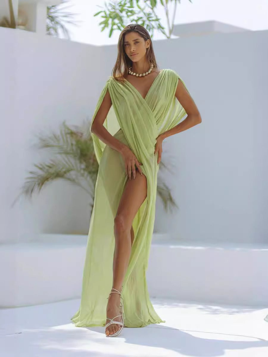 European and American women's beach vacation cover up sexy slightly transparent sleeveless dress
