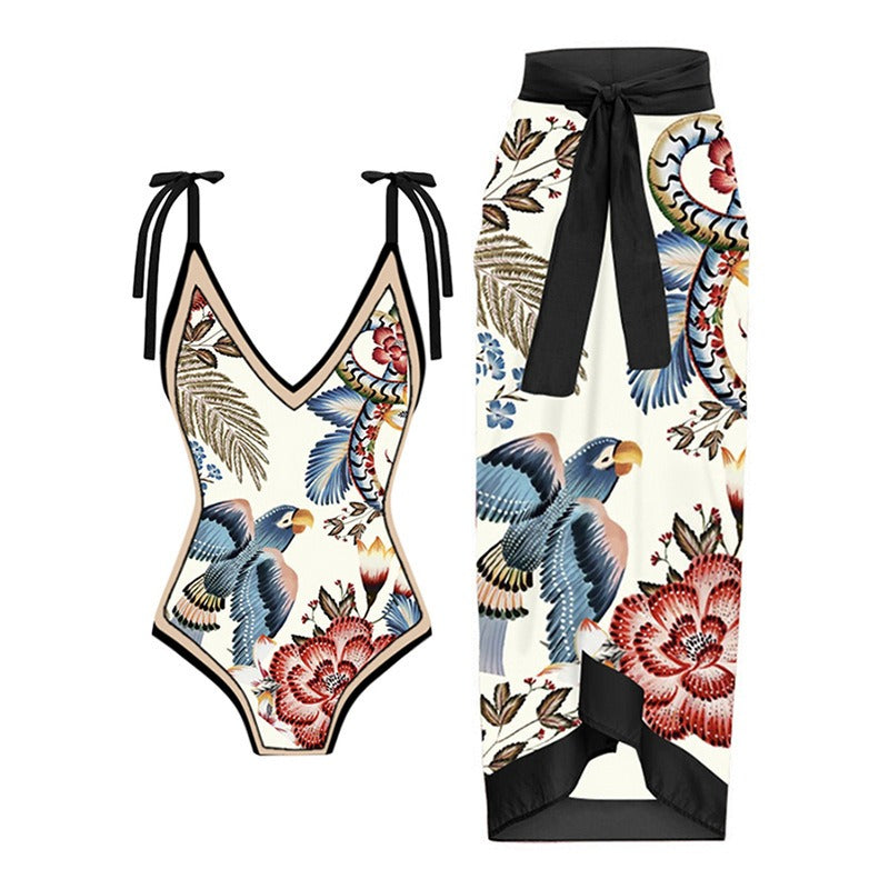 Vintage printed swimsuit conservative One-piece swimsuit women's printed beach skirt suit