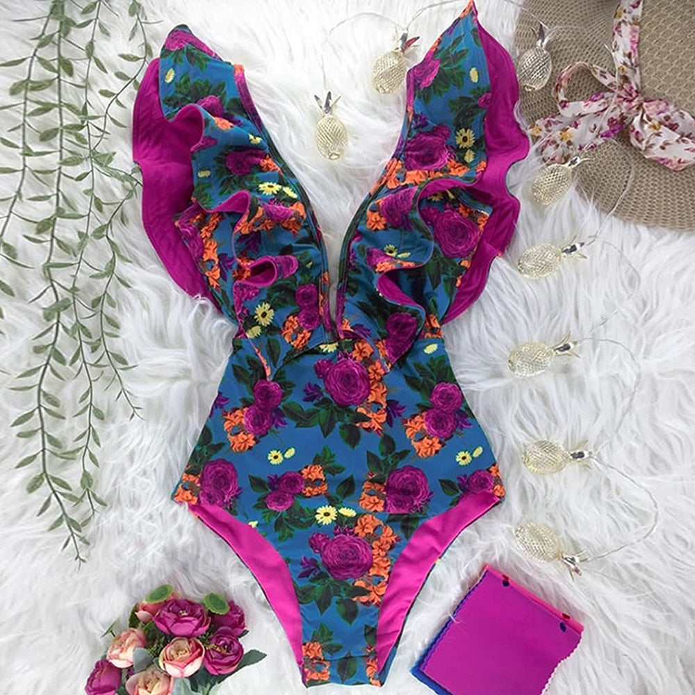 New Print Swimwear Deep V-neck Ruffle Swimsuit Push Up One Piece Swimsuit Beach Wear Backless Monokini