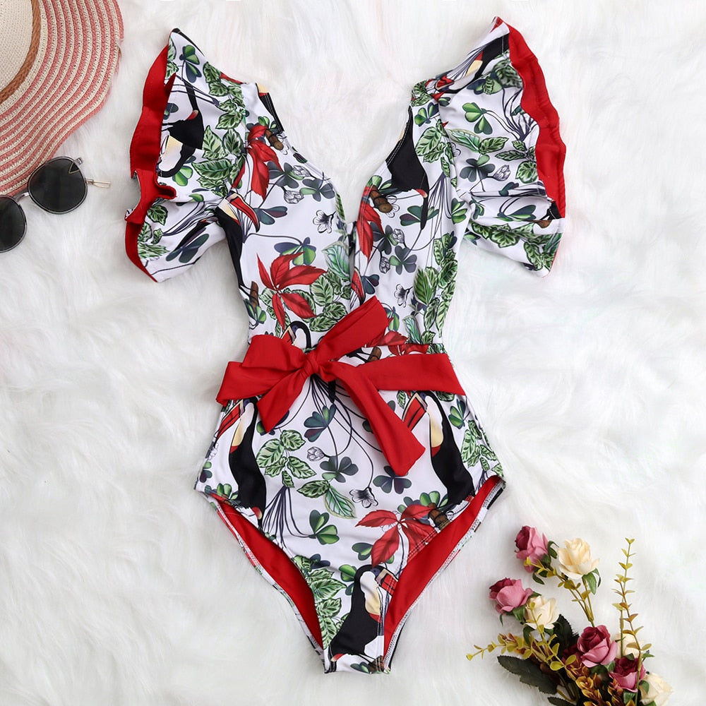New Print Swimwear Deep V-neck Ruffle Swimsuit Push Up One Piece Swimsuit Beach Wear Backless Monokini