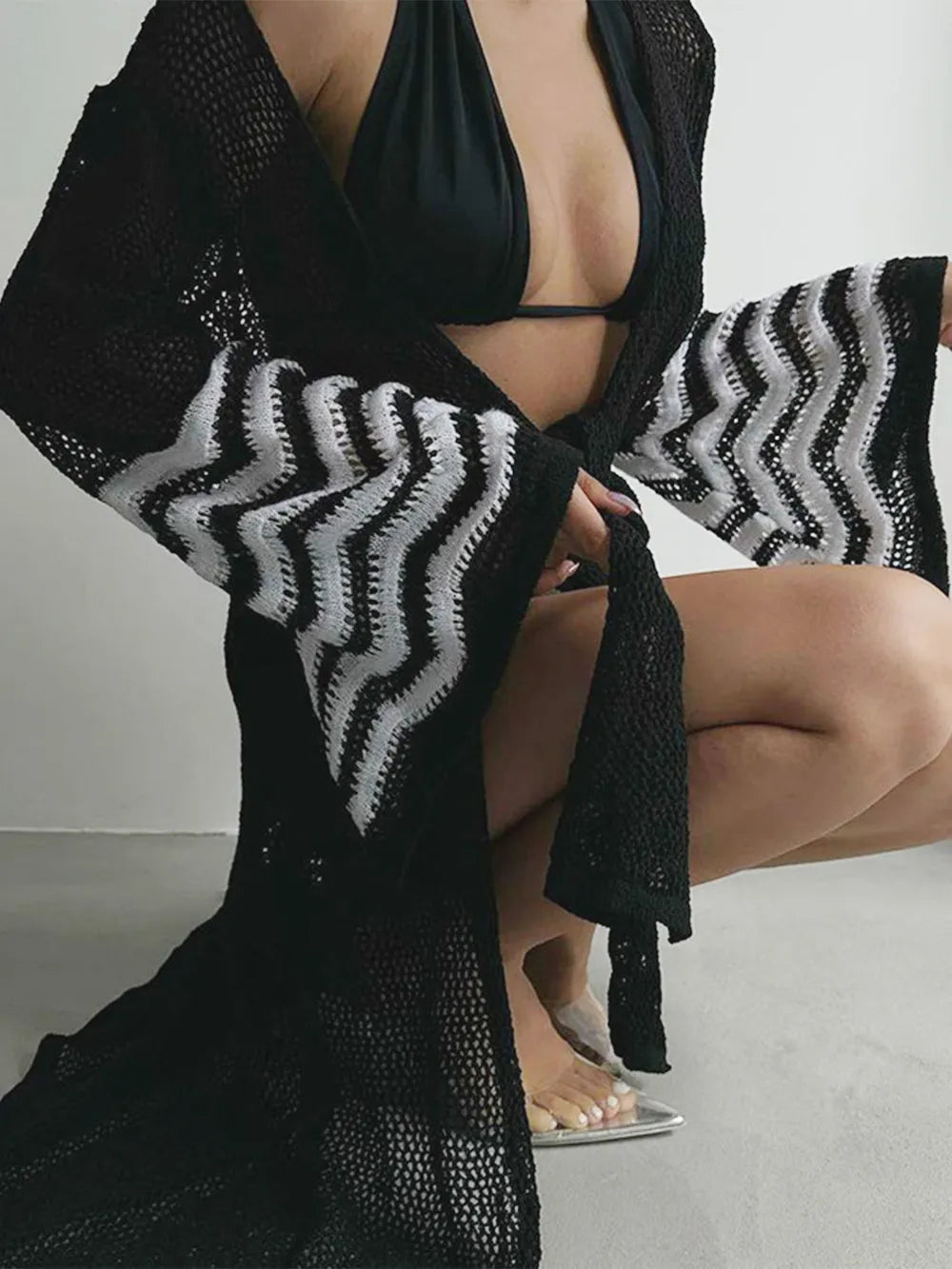 Solid color sexy knitted beach bikini swimsuit cover up sun protection suit