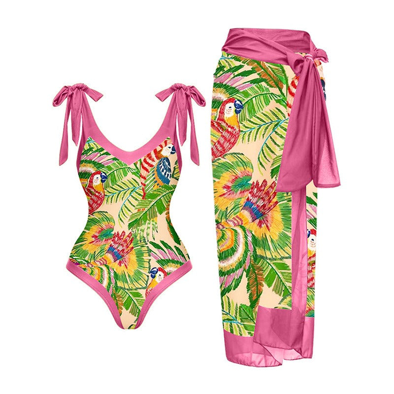 Vintage printed swimsuit conservative One-piece swimsuit women's printed beach skirt suit