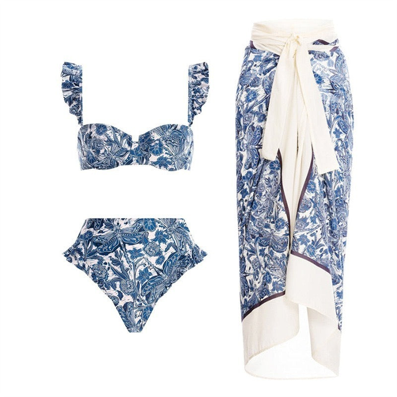 Vintage printed swimsuit conservative One-piece swimsuit women's printed beach skirt suit