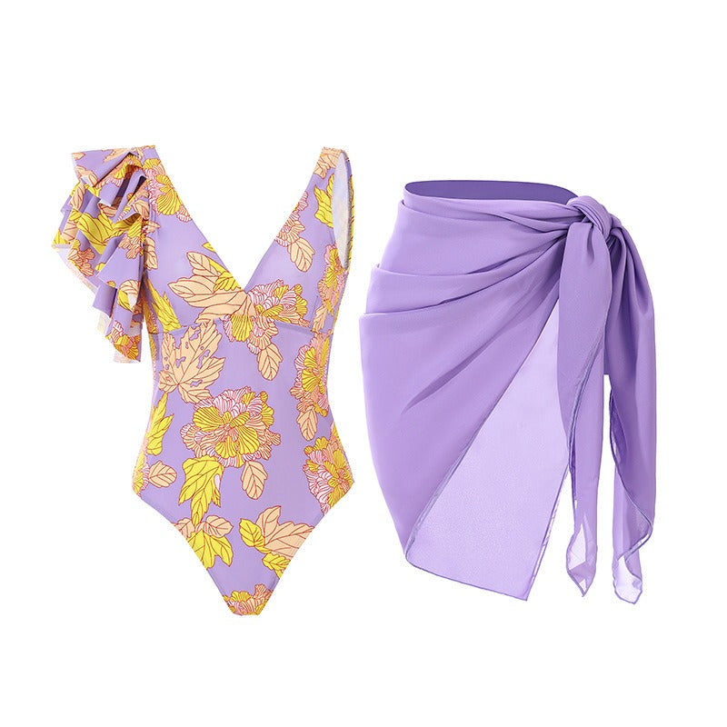 Vintage printed swimsuit conservative One-piece swimsuit women's printed beach skirt suit