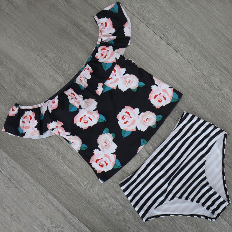 Sexy Tow Pieces Bodysuits Print Swimwear Women Swimsuit Shoulder Ruffle Bathing Suit Beach Wear Plus Size Tankini