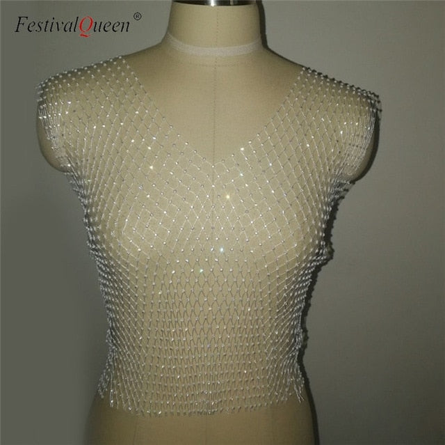 Sexy Diamonds Mesh Cropped Tank Top Women Summer Cover Up Bikini See Through Rhinestone Beach Party Crop Tops