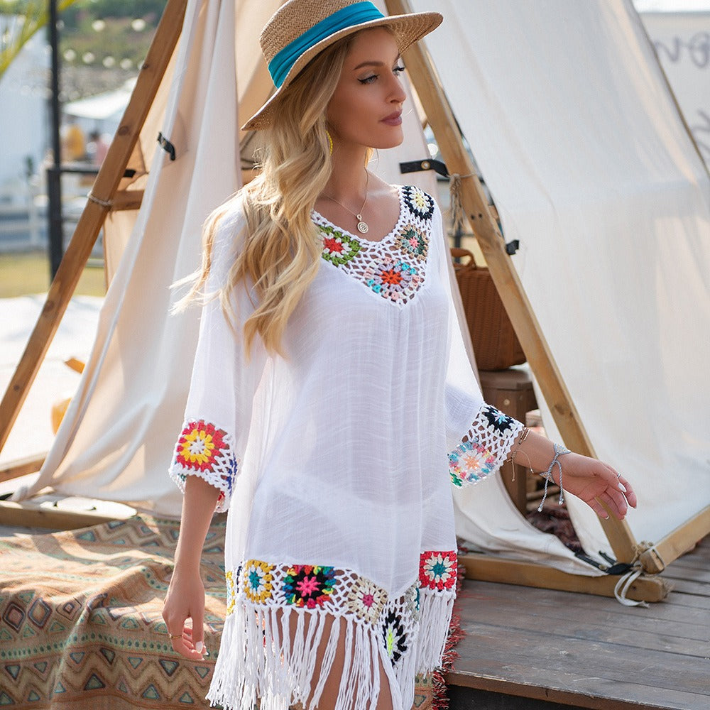 New Off Shoulder 3/4 Sleeve Hooked Flower Splice Irregular Tassel Beach Sunscreen Cover Up Ethnic Style Dress