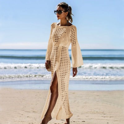 Sexy Knitted Beach Skirt Long Sleeve Vacation Sexy Beach Skirt Swimwear Sunscreen Clothing