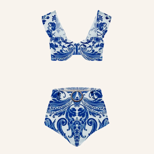 Blue And White Porcelain Print Bikini High Waist Cropped Sexy Halter Bikini Women's Fashion  Irregular Strap Beach Cover Up