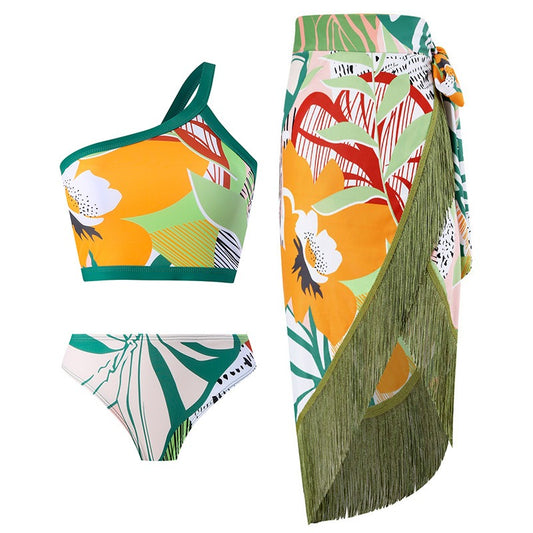 New Women's Swimwear Bikini Swimsuit Sexy Summer Beach Wear Skirt One Shoulder Bikinis Set Tassel Bathing Suit Dress