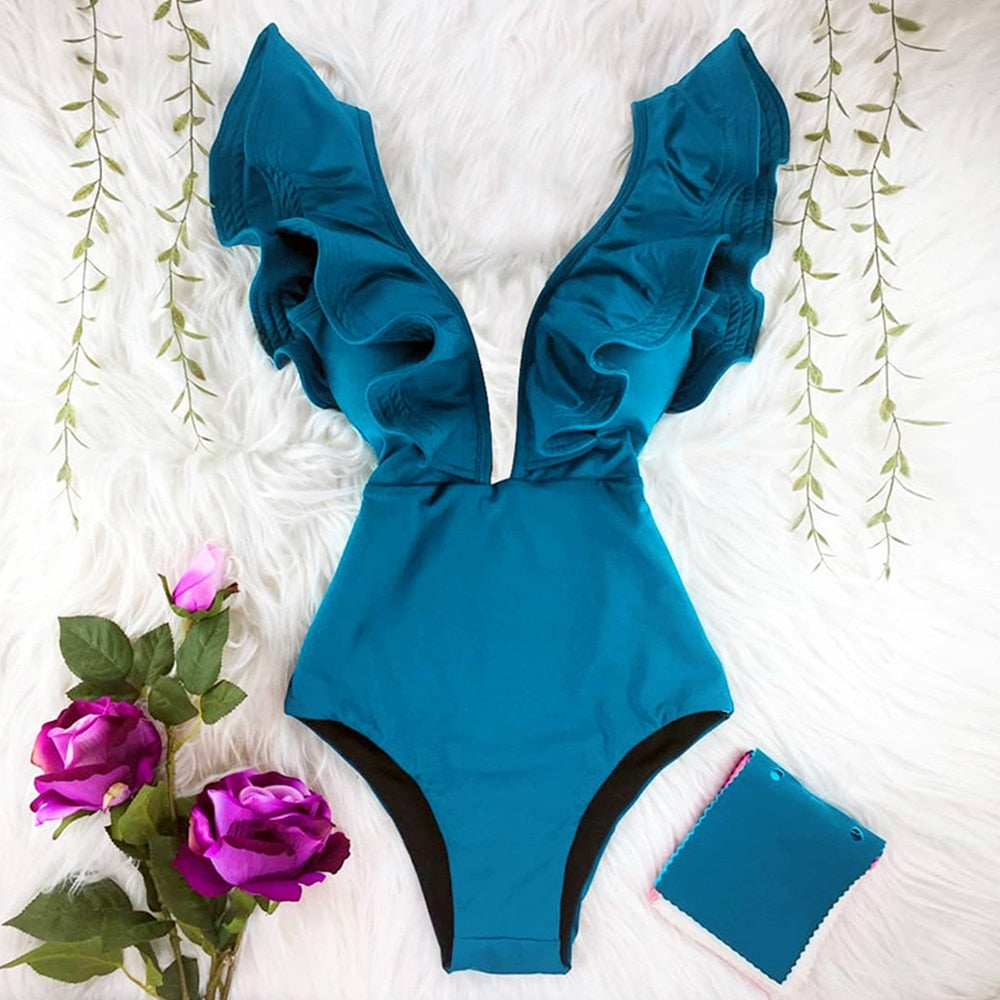 New Print Swimwear Deep V-neck Ruffle Swimsuit Push Up One Piece Swimsuit Beach Wear Backless Monokini