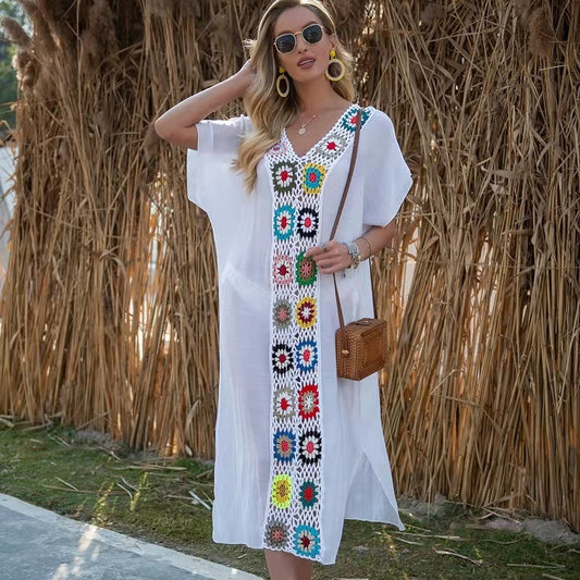 Women's Hand Hook Patchwork Dress With Slit Sexy Long Skirt Beach Cover